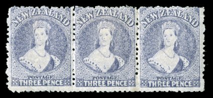 3d. lilac, a horizontal strip of three with marginal lines watermark at foot, unused with part to large part original gum, fresh color the center stamp with a light vertical
crease, otherwise fine. Sc. 33 S.G. 117, £390+.