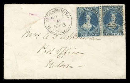 1868 (1 Apr.) envelope from New Plymouth to the Post Office at Nelson, bearing 2d. blue Plate II (2, one defective) each lightly cancelled 9 and with despatch c.d.s.
alongside, arrival c.d.s. (6.4) on reverse an unusual rate as the inter-provi