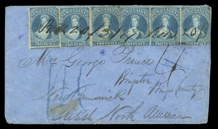 1867 (20 Mar.) blue envelope from Ross to Kingston, bearing 2d. deep blue Plate II (6) twice cancelled Ross 20367 in manuscript, rated 4 and 14 in blue crayon and showing, on
reverse, Hoikitika (21.3), Christchurch (22.3), St.