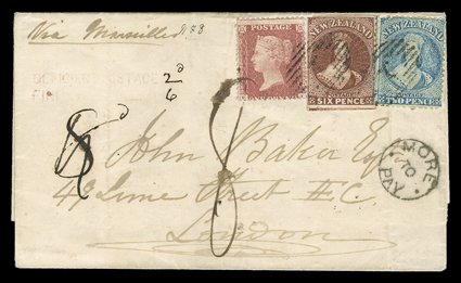 1864 (8 June) entire from Auckland to London, bearing 2d. pale blue Plate I worn in combination with imperforate 6d. red-brown and G.B. 1d. red Stars twice cancelled 1,
underfranked by 2d. and upon arrival rated 8 (additionally tying the