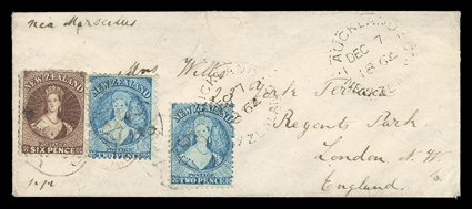 1864 (7 Dec.) envelope from Otahuhu to London, bearing 2d. Plate I worn impression (2) and 6d. red-brown all lightly cancelled with two strikes of the oval-framed 5otahuhua
h.s., one 2d. additionally tied by large Auckland c.d.s. with a