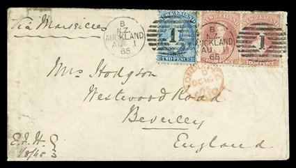 1865 (1 Aug.) envelope from Auckland to Beverley, bearing 2d. pale blue Plate I worn and 4d. deep rose horizontal pair twice cancelled with 1 duplex, London Paid c.d.s.
(16.10) below and just tying the adhesives, the reverse with London (16.10)