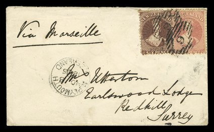 1865 (8 Nov.) envelope from New Plymouth to Redhill, bearing 4d. deep rose and 6d. red-brown each clearly cancelled 9 and with despatch towards left, Dover transit c.d.s.
(12.1) on reverse scarce and attractive. Sc. 34, 36 S.G. 119, 122.