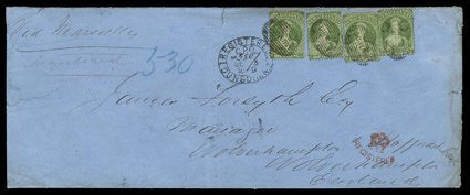 1869 (3 Sept.) triple blue envelope (249x100m.) registered from Dunedin to Wolverhampton, bearing 1- green (4) each cancelled with dunedin in oval of bars and one additionally
tied by double oval-framed registeredg.p.o.dunedin. n.z