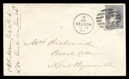 1867 (10 June) envelope from Nelson to New Plymouth, bearing 3d. lilac with good to large margins on three sides, touched at top and with fractionally rounded corner at lower
right, neatly cancelled N1 in oval of bars, despatch c.d.s. alongsid
