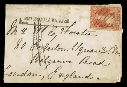 1873 (16 July) envelope from Waitapu to London, bearing 2d. vermilion cancelled 16773 Waitapa in manuscript and showing INSUFFICIENTLY STAMPED h.s. at left, the reverse with
Nelson (17.7, no last two year digits) and London (8.10) c.d.s. t