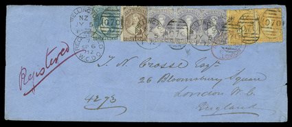1872 (5 July) triple rate blue envelope (215x88mm.) registered from Wellington to London, bearing perf. 12½ 1d. brown and 6d. blue in combination with 1864-67 3d. lilac (3)
and 4d. yellow (2) all cancelled with 070 duplex with three values addi