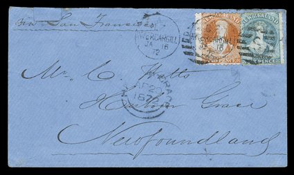 1872 (16 Jan.) blue envelope from Invercargill to Harbour Grace carried on the trip of the New Zealand and Australia Mail Steamship Line Nebraska, bearing perf. 10x12½ 2d.
vermilion and perf. 12½ 6d. pale blue (small defect at foot) twice c