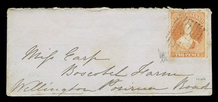 1872 (22 Oct.) small ladies envelope from Featherstone, complete with letter headed Pigeon Bush, to Wellington, bearing 2d. vermilion in a bright shade and neatly cancelled 3
in oblong of bars, the reverse with light despatch c.d.s. a few li