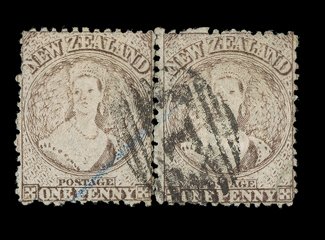 1d. brown with watermark inverted and reversed, a severed and rejoined horizontal pair sharing a single strike of the 1 obliterator and with light blue crayon mark. Attractive
and exceptionally rare. R.P.S.N.Z. Certificate (1959). Sc. 45 S.G.