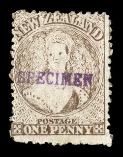 Handstamped specimen (N.Z. Handbook Type A) in seriffed capitals, 14.5x2.25mm.: 1864-67 3d. and 1-, 1871 1d. and 6d., and 1872 no watermark 2d. and 4d., all with part original
gum fine. provenance: Gerald Ellott