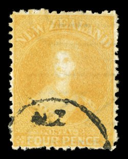 Handstamped with small part circular datestamp with n.z at top: 1872 4d. orange-yellow with large part un of t h saunders  papermakers watermark in double-lined capitals light
horizontal crease, otherwise fine and very r