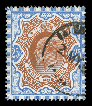 S.G. 147, 1909 25R Brownish orange and blue, gorgeous used single, with vivid rich colors on crisp white paper, outstanding centering, postally used with neat c.d.s. cancel,
extremely fine and quite choice.
