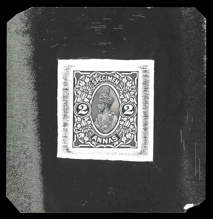 1925 2a George V Delhi essays die proofs, three different in black and white on art paper, first 60x52mm of unframed vignette, second 48x44mm of framed vignette, these being
for the 1R value, and third 59x61mm of finished design for the 2a value,