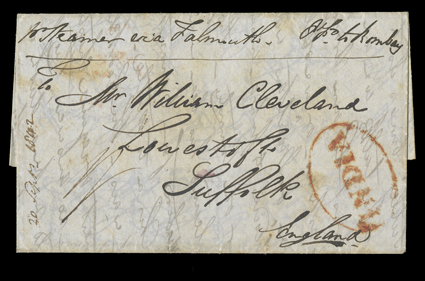 First Afghan War, folded letter datelined Jallalabad Fortress, in Afghansitan, 20th September, 1842 to England endorsed Pt. Pd. to Bombay and with pr Steamer via Falmouth
directive, magenta boxed LoodianaPaid transit backstamp, red oval