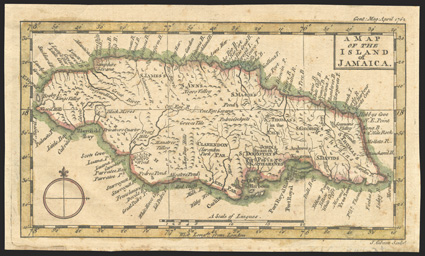 Early colored map of the island, lithographed 185x105mm map by J. Gibson dated Gent: Mag: April 1762 attractively hand-colored in yellow, green and rose, fresh and very fine
ideal for an introductory album page.