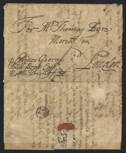 1706 Dummer Packet letter, folded letter datelined Jamaica Jan 29th 1706 to London with p Prince GeorgePackt Boat CaptNorth Ureing QDC directive at lower left and manuscript
3N double packet rate, reverse with AP24 London Bishop mark a