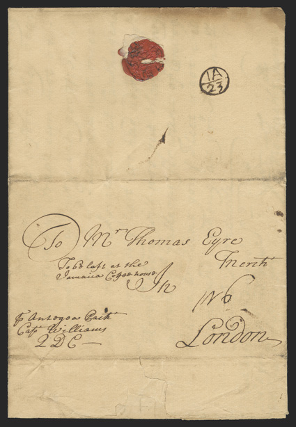 1707 Dummer Packet letter to London, folded letter datelined Jamaica, November 10th, 1707, endorsed To be left at the Jamaica Coffee house and with p Antegoa Packt, Capt
Williams, QDC directive at lower left, manuscript 1N6 packet rate of