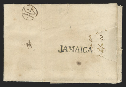 JAMAICA, bold strike of Potter Ty. J2 postmark struck on reverse (as was customary) of 1756 folded letter to London, By the packets directive and manuscript 1N6 rate, 16IV
Bishop mark arrival backstamp, cover with some toning on front and
