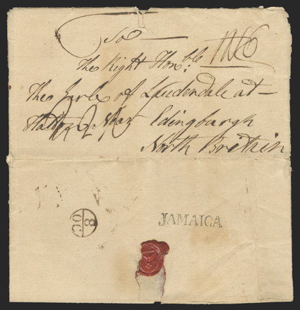 JAMAICA, clear strike of Potter Ty. J2 postmark struck on reverse (as was customary) of 1757 folded letter to Edinburgh, manuscript 1N6 packet rate crossed out and replaced
with British inland rate for transmission to Scotland, clear 8OC Bis