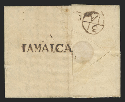 IAMAICA, beautifully struck Potter Ty. J4 handstamp on the reverse of 1774 folded letter to London with manuscript 1N packet rate and 31IA Bishop mark London arrival
backstamp, fresh and extremely fine approximately 100 examples of this pos