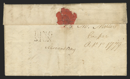 KINGSTON, mostly clear 22x12mm two-line handstamp on reverse of 1779 folded letter originating in Coupar, Scotland and carried out of the mails to Kingston, where it entered
the mails to Spanish Town, manuscript Morant Bay transit postmark als