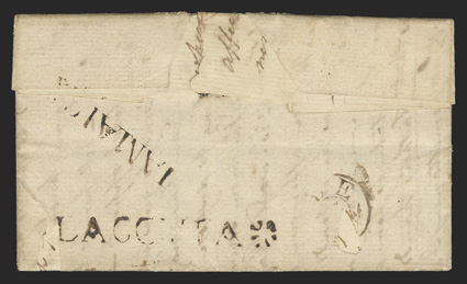 LACOVIA, mostly clear 60x7mm straightline handstamp ending in a large nine rayed star on reverse of 1788 folded letter datelined at Golden Grove and addressed to Thronbury,
Glostershire, by the Packet directive and with manuscript Inland pos