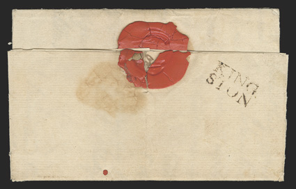 KINGSTON, mostly clear 22x12mm postmark on the reverse of 1789 folded letter to Morant Bay, Jamaica datelined at Woodhall, fresh and very fine only twelve examples of this
Kingston postmark are recorded a letter on legal matters involving