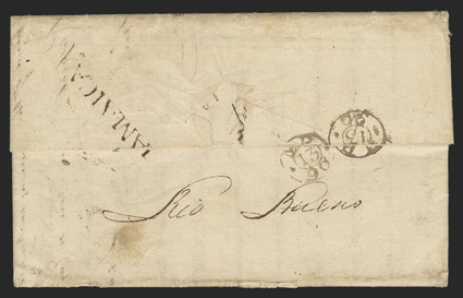 IAMAICA, clear Potter Ty. J3 postmark struck slightly across backflap on 1790 folded letter to London datelined at Martha brae Jamaica, manuscript Rio Bueno postmark also on
reverse, manuscript Jama. inld. postage pd at top and 2- double