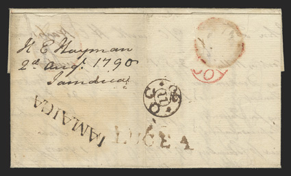 LUCEA, mostly clear 38x7mm straightline postmark on reverse of 1790 folded letter to Edinburgh, manuscript post paid 13 and p Antelope Packet directive, bold IAMAICA Kingston
transit backstamp and OC1190 London arrival backstamp, 2N