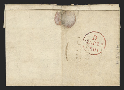 JAMAICA31 JAN 1801, mostly clear strike of 36mm circular date stamp on the reverse of 1801 folded letter datelined at Woodstock to Air, Scotland, manuscript 410 rate and red
DMar 25, 1801 backstamp, very fine there is no record of this