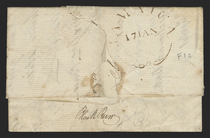 Black River, clear manuscript town marking on reverse of 1812 folded letter from Thatchfield to Edinburgh, mostly clear JAMAICA17 JAN fleuron postmark (Foster Ty. 1a) also on
reverse, front with manuscript IPPd 13 (Inland postage paid) and