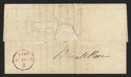 Black River, clear manuscript postmark in a different hand than the previous lot (not recorded by Foster) on the reverse of 1814 folded letter to London, two light overlapping
strikes of JAMAICA1 AP1814 fleuron datestamp also on reverse, fron