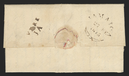 VEREJA, clear watery brown 21x11mm straightline postmark on reverse of 1815 folded letter to Yorkshire, well struck JAMAICA27 FE1815 fleuron datestamp (Foster Ty. F3a) also on
reverse, front with manuscript Pd 7 12 inland rate, packet