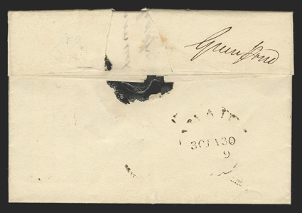 Green Pond, bold manuscript postmark on the reverse of 1819 folded letter from Hunterston to Ayr, Scotland also showing light strike of Jamaica fleuron datestamp, front with
manuscript 7 12 inland rate, Packet directive with 26 packet rat