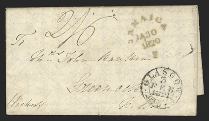 JAMAICAJA 301820F, rimless handstamp (Foster Ty. TL1) struck in green as always by the Falmouth Packet Office on late letters arriving in England from Jamaica on 1820 folded
letter from Spanish Town to Greenock, Scotland, manuscript Packet d