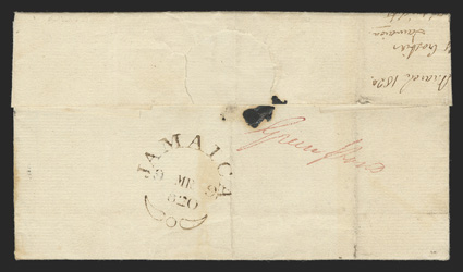 Green Pond, clear manuscript postmark in red on 1820 folded letter from Melrose Pen to Melrose, Scotland, with beautifully struck JAMAICA9MR91820 fleuron datestamp alongside
(Foster Ty. F4a), front with matching red 7 12 Paid inland ra
