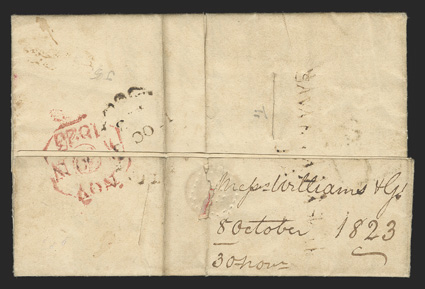 SAVANNAH-LA-MARJA, partially clear 55x4mm straightline postmark across the backflap of 1823 folded letter from Westmoreland to Edinburgh with fumigation slits, Jamaica fleuron
transit datestamp also on reverse, manuscript inland postage paid