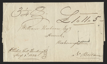 KINGSTONJAMAICAAU 21824, well struck rimless c.d.s. (Foster Ty. K2) on reverse of large folded cover to Scotland showing 3 14 oz notation and  £1115 rate, p Packet Boat
StarlingAug 3rd 1824 directive, boxed 12 Scottish mail ta