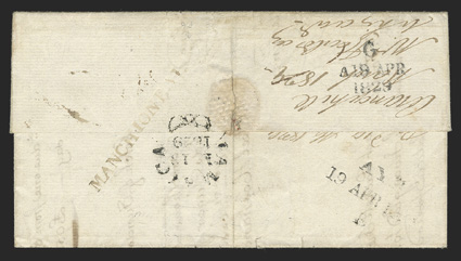 MANCHIONEAL, mostly clear 51x4mm straightline postmark (Foster Ty. 4a) across the flap on reverse of 1829 folded letter to Ayr, Scotland, Jamaica fleuron datestamp also on
reverse, front with manuscript Pd 7 12 domestic rate, packett directi