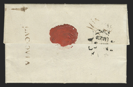LACOVIA, clear 37x4½mm straightline postmark (Foster Ty. 4a) across the back flap of 1829 folded letter to Thornbury, Gloucestershire, partial Jamaica fleuron backstamp, front
with manuscript In p.p. 7 12 domestic rate and 2- packet rate, v