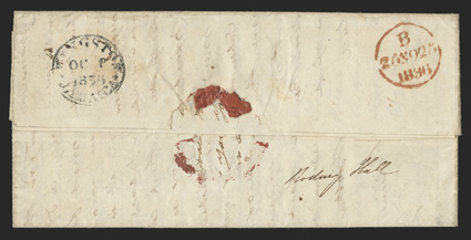 Rodney Hall, clear manuscript postmark on reverse of 1836 folded letter to London, KingstonJamaicaOc 8, 1836 datestamp also on reverse, manuscript Paid and 22 packet rate on
front, red London arrival backstamp, very fine unlisted in Fos