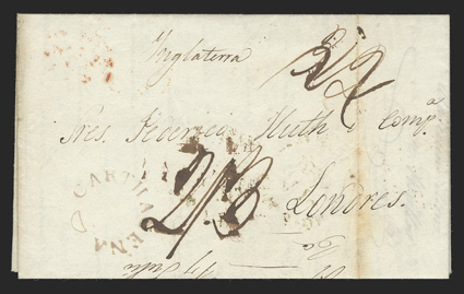 CARTHAGENA, clear circular transit handstamp with fleuron (Foster TR2) applied at Kingston on 1840 folded letter from Ocana, Columbia to London, KingstonJamaicaMy 19, 1840
split circle backstamp, manuscript 32 rate changed to 23 and red