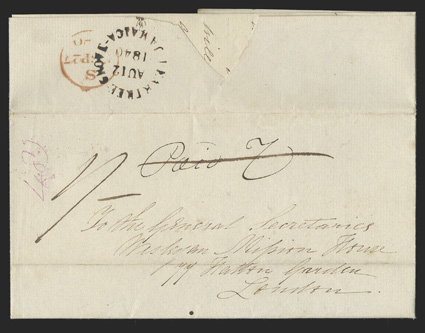 PEARTREE-GROVEJAMAICA, mostly bold August 12, 1840 circular date stamp (Foster P2b) on backflap of 1840 folded letter to London, manuscript Paid 7 internal rate and 1- ship
rate, red London arrival backstamp, fresh and very fine only six e