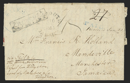 FalmouthSHIP LETTER, partially clear boxed handstamp on 1844 folded letter from Salem, North Carolina to Mandeville, manuscript via Phila by the first American vessel for
Kingston, care of Malebre & Co, Kingston. directive, blue Salem, N.C. c.