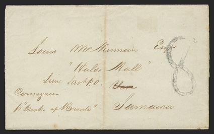 8 postage due handstamp made from a wooden block (Foster TP1) on incoming 1844 folded cover, manuscript Consignee, p Duke of Noronte directive and KingstonJamaicaMr 16, 1844
backstamp, very fine the earlier of the two examples recorded b