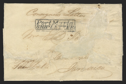 Port MariaSHIP LETTER, well struck boxed handstamp on May 28, 1844 folded letter from London with bold Port-MariaJy 11, 1844 (Foster Ty. P3) backstamp, cover with portions of
address panel restored slightly affecting the marking, very fine st
