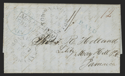 Montego BaySHIP LETTER, mostly clear boxed handstamp on 1845 folded letter from Salem, North Carolina to May Hill, blue Salem, N.C. datestamp with matching straightline PAID
and 12 rate, mostly clear Montego BayJamaicaSp 17, 1845 arrival