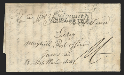 FalmouthSHIP LETTER, well struck boxed handstamp on 1845 folded letter from Philadelphia to May Hill with manuscript 1- rate, clear FalmouthJamaicaDe 20, 1845 arrival
backstamp (Foster Ty. P2), very fine recorded by Foster as unique, how