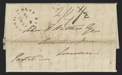 Buff BayJamaica, clear March 9, 1847 split circle datestamp in brown (Foster Ty. P2a) on folded letter to London, manuscript 12 rate crossed out and replaced by 24 double
packet rate, red London arrival backstamp, soiled horizontal file fo